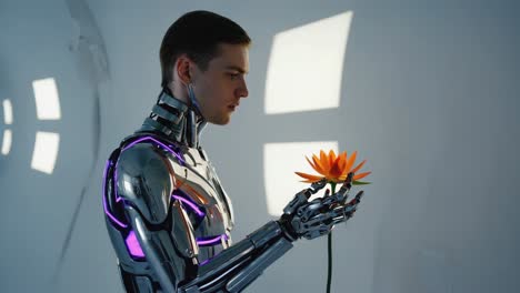 cyborg holding a futuristic flower