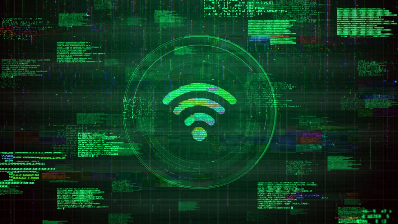 Icona Wi-Fi futuristica su sfondo di animazione glitch di hacking verde