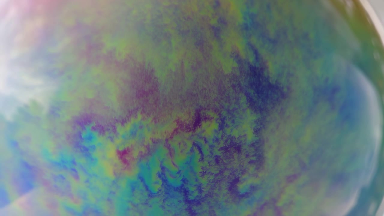 Macro view of curved soap bubble surface with iridescent marbling, shifting rainbow interference bands, glossy highlights, translucent texture, soft blur, and abstract color transitions