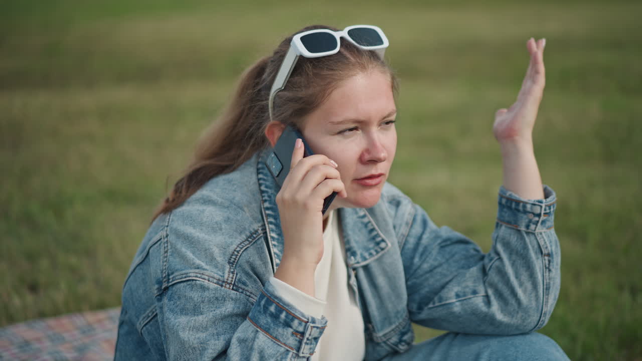 Studentessa bianca al telefono nel parco, giacca di jeans e occhiali sulla testa, seduta su una coperta sull'erba, espressioni facciali animate che mostrano frustrazione e preoccupazione, luce estiva spontanea e autentica.