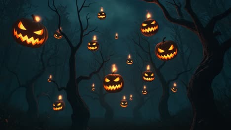 eerie halloween night: a dark forest illuminated by floating jack-o'-lanterns, capturing the essence of autumn's spooky atmosphere and festive spirit