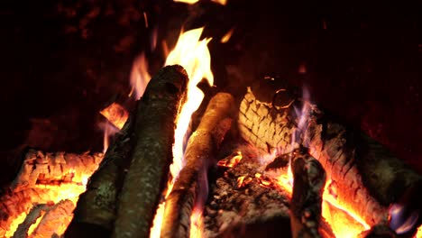 Close-up-of-burning-fire,-flames-burning-on-black-background,-open-fireplace