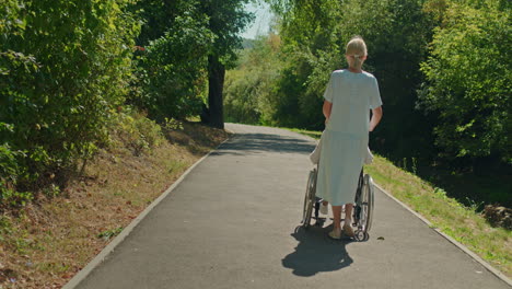 elderly woman pushing wheelchair in park
