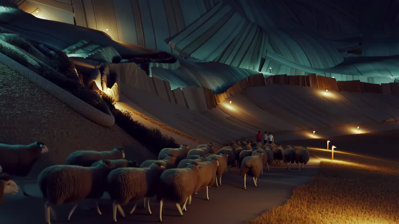 A flock of sheep led by people down an illuminated path in a surreal, abstract landscape