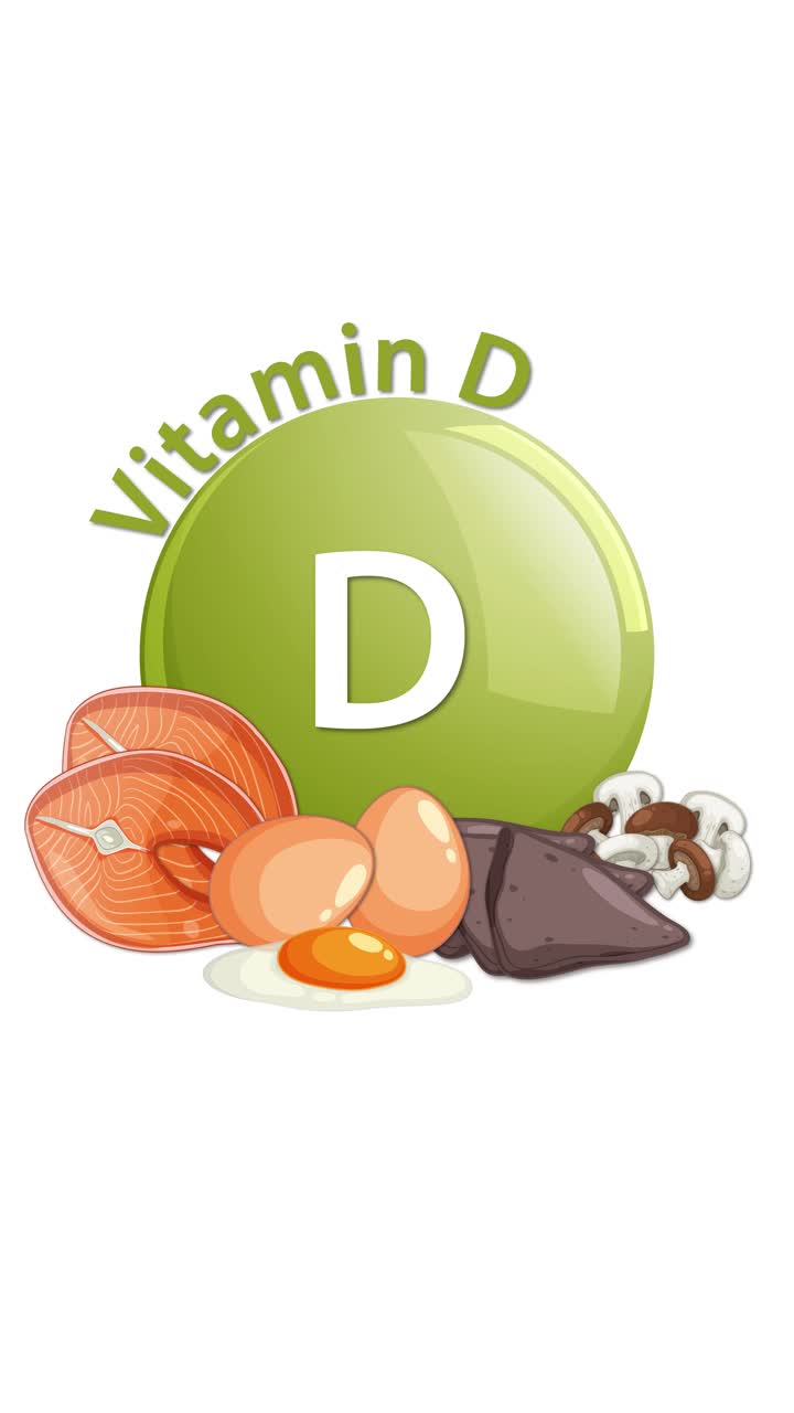 Un'icona verde di Vitamina D si anima, seguita da salmone, uova, funghi e fegato illustrati, tutti che compaiono fluidamente su uno sfondo bianco pulito