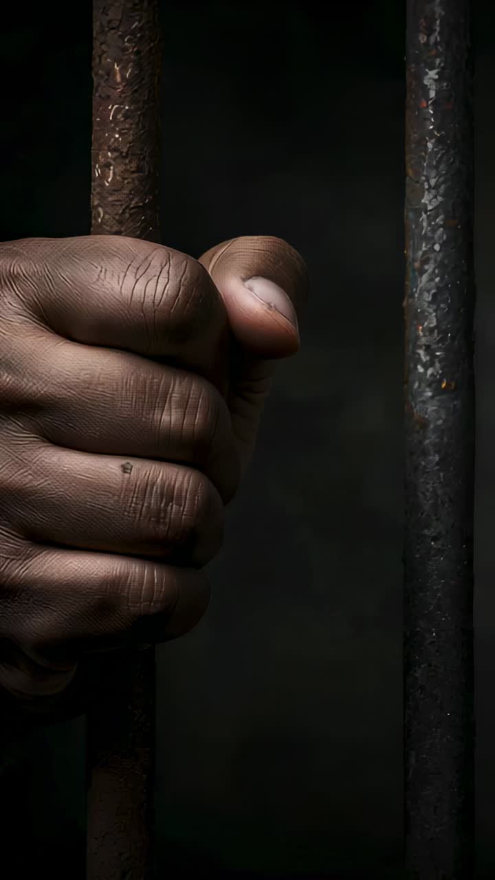 Vertical video: Holding right hand gripping rusted bars in dim cell, revealing scar and confinement