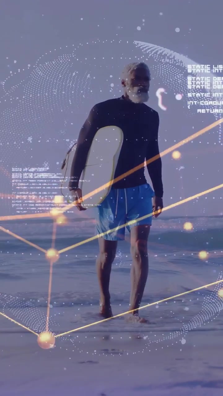 Mature man returning to shore from surf carrying bodyboard, tech HUD syncing to movement