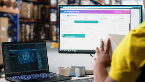 vertical video black woman processing orders next to ai-generated brain for tracking software