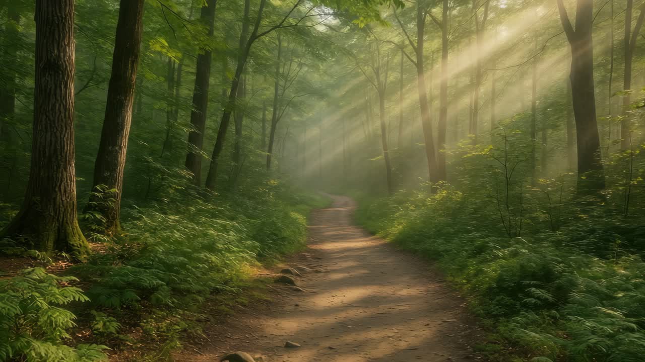 A serene forest path with sunlight streaming through trees, captured at eye level