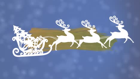 christmas tree in sleigh being pulled by reindeers over golden brush stroke against snow falling