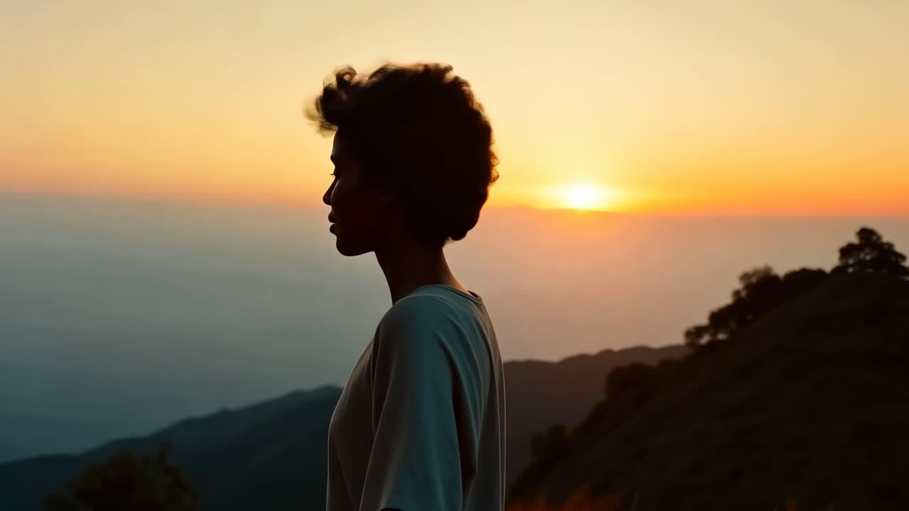 Silueta de una persona observando una puesta de sol sobre las montañas, capturada desde atrás a la altura de los ojos