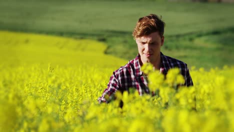 Man-walking-in-mustard-field