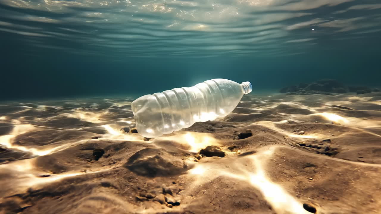 Clear plastic bottle floating in shallow water over sand. Transparent plastic bottle drifting in clear water with sunlight patterns on the sandy ocean floor