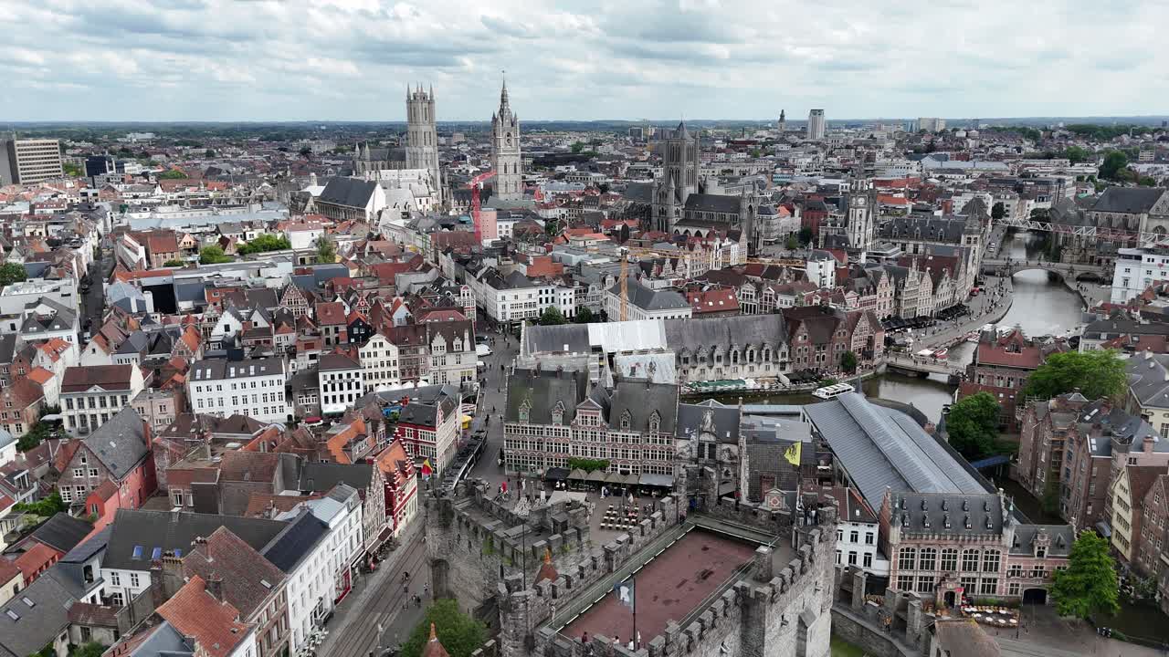 Gravensteen, Medieval castle Ghent Belgium drone,aerial city in background