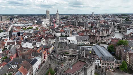gravensteen, medieval castle ghent belgium drone,aerial city in background