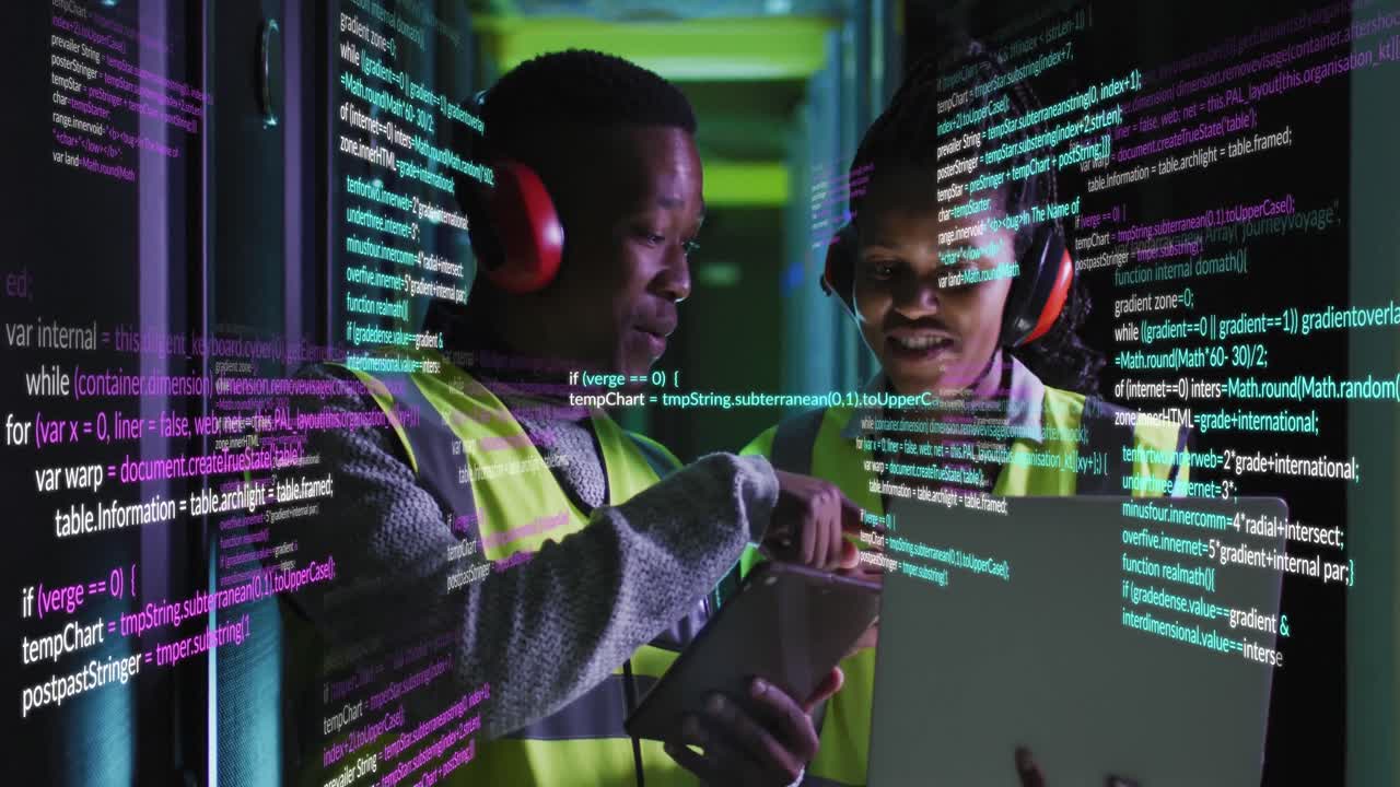 Animation of data processing over african american male and female engineers working at server room