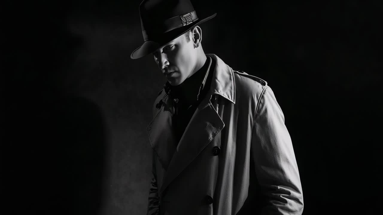 A man in a trench coat and hat in a noir style