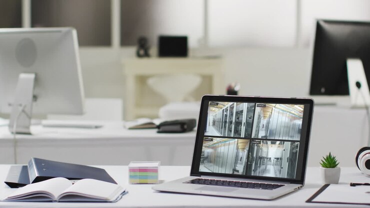 Laptop on office desk showing four security camera views of computer server room, slow motion