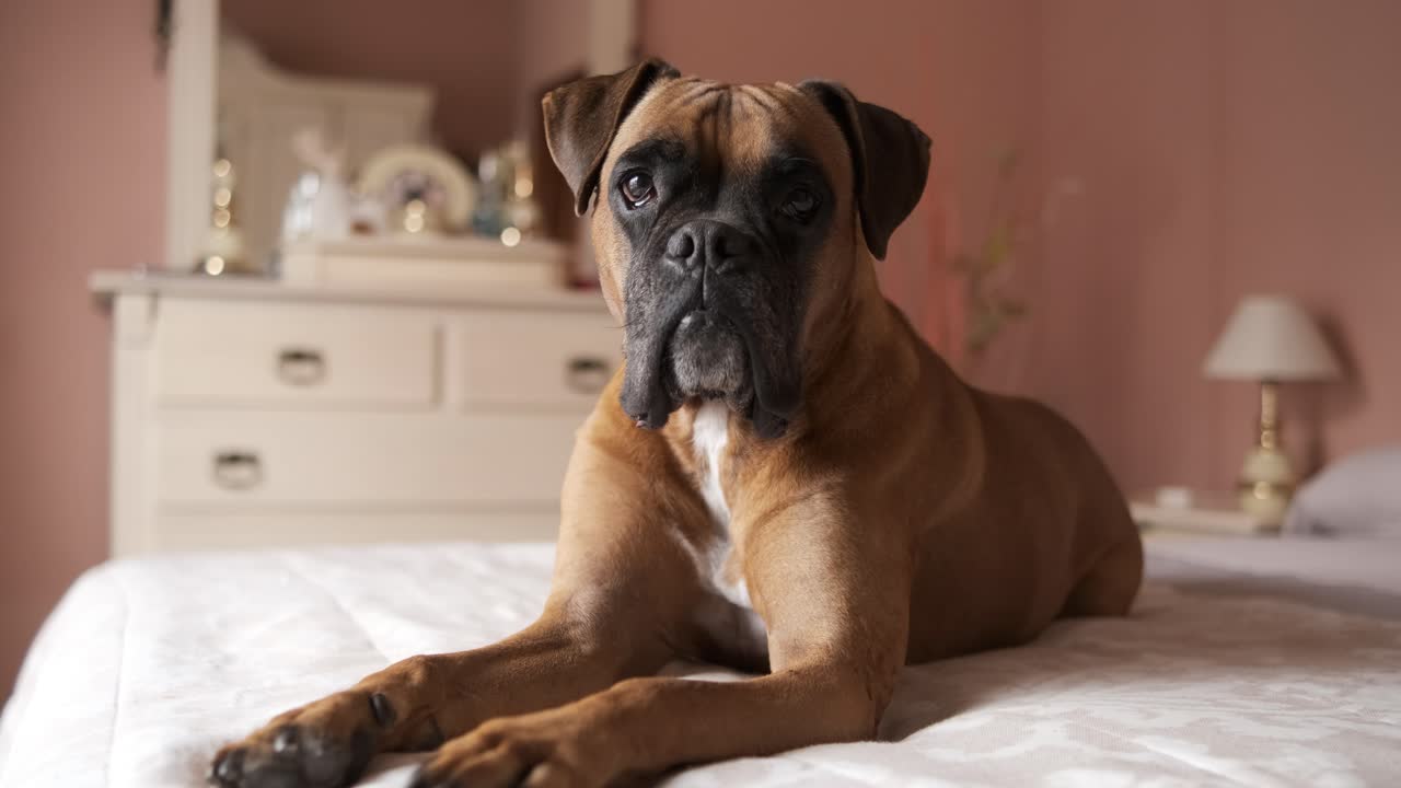 Cute boxer dog lying on belly over bed in cozy room