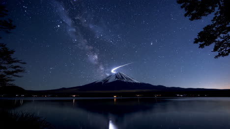 mount fuji under a starry night with a shooting star reflected in the lake