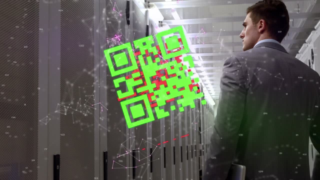 Animation of qr code scanner and network of connections over male engineer walking in server room