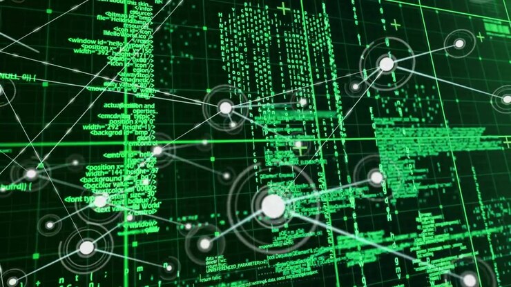Central node pulsing and spawning links, network growing across green code grid for tech monitoring