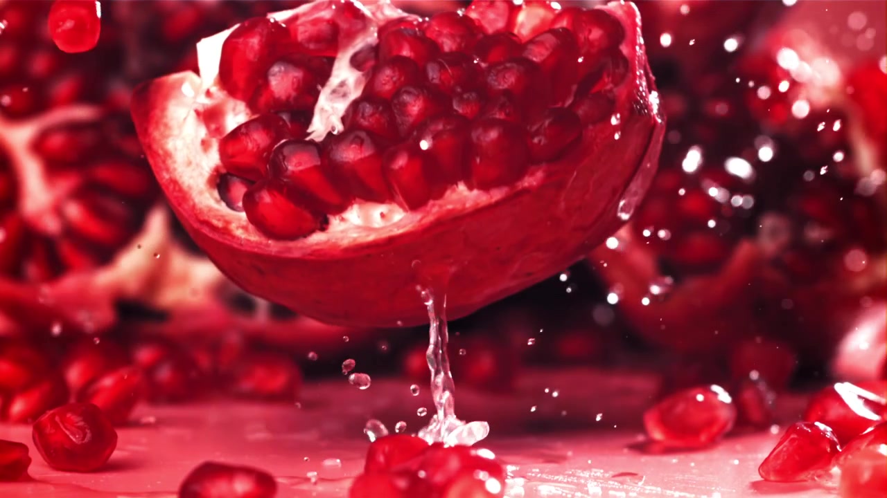 Slowmotion af halvt granatæble, der falder og sprøjter vand