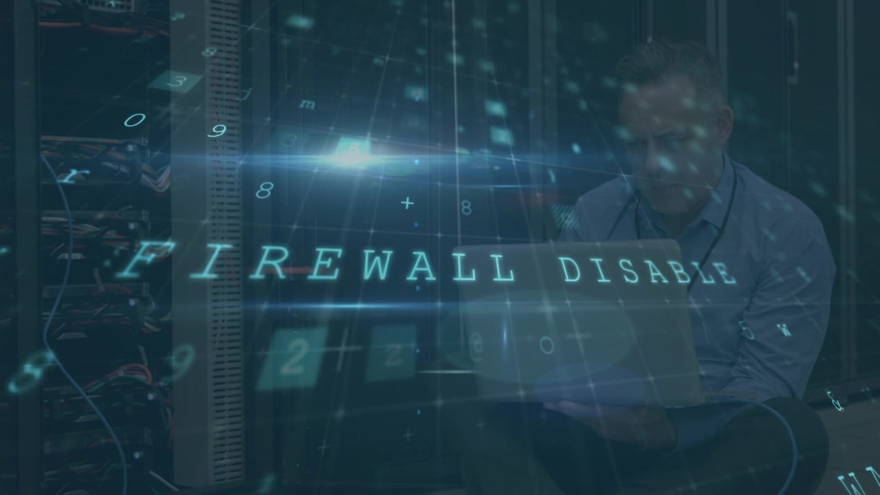 Animation of cyber attack text and data processing over caucasian male it technician by server