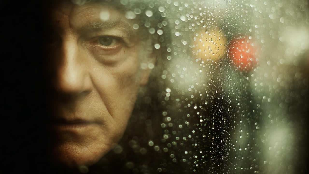 A Contemplative Gaze Through a Rainy Window, Capturing Emotion and Reflection in a Gloomy Atmosphere with Blurred Lights in the Background