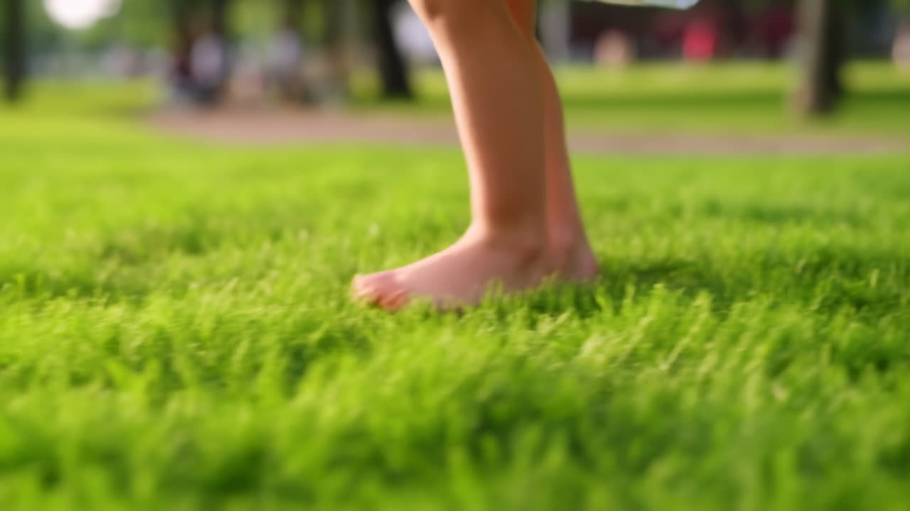 Child's Bare Feet Walking and Playing on Green Grass