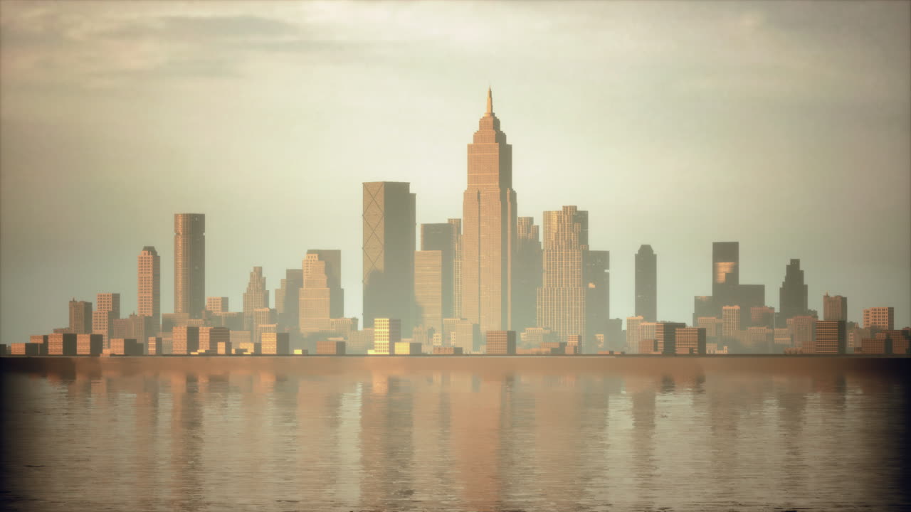 A breathtaking sunset cityscape with skyscrapers reflecting on the water