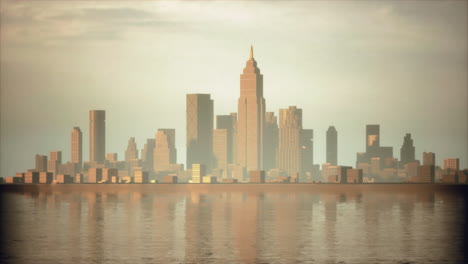 a breathtaking sunset cityscape with skyscrapers reflecting on the water