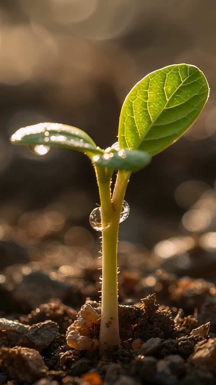 Video verticale: Piantina che brilla, reagisce al sole, con una gocciolina che si sposta sullo stelo sopra il tegumento del seme in un giardino.