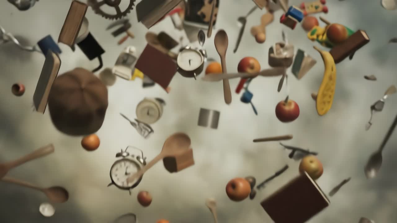 Miscellaneous Everyday Objects Floating and Swirling in Mid-Air