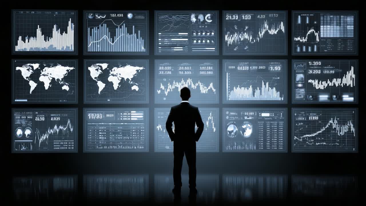 Data Visualization and Analysis: A Business Professional Reviewing Financial Trends and Market Insights from Multiple Screens in a Modern Workspace