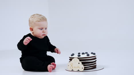 adorable blond baby with cute plump cheeks sits at the big cake. child wants to touch the dessert but changes his mind. white backdrop.