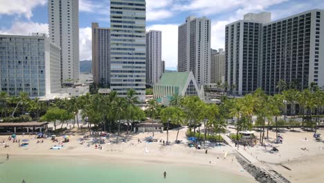 city of honolulu, oahu, hawaii aerial drone view of beach and city