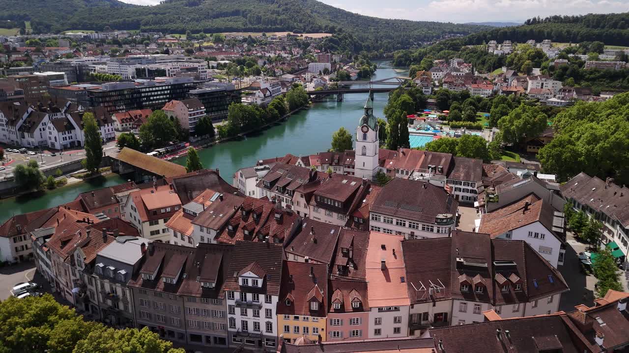 Olten town square old alpine city Aare river Switzerland Solothurn canton drone aerial