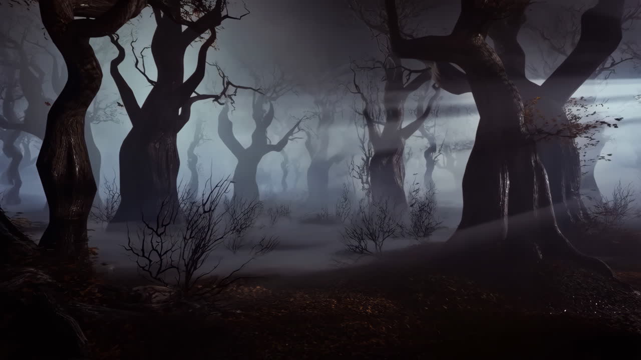 Eerie Misty Forest with Bare Trees