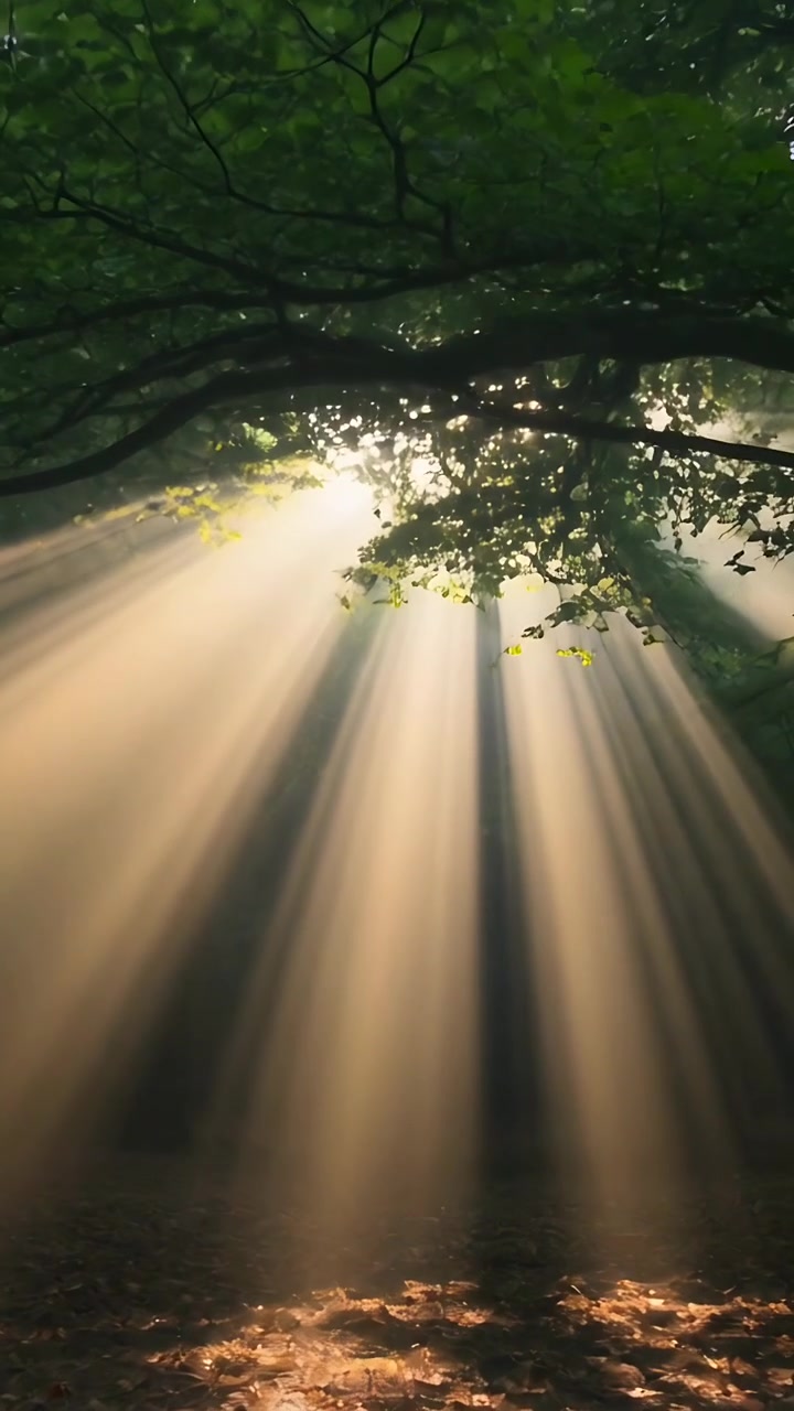 Pystysuuntainen video: Auringonsäteet valaisevat metsänpohjaa, kun aurinko kurkistaa latvuston usvan läpi.