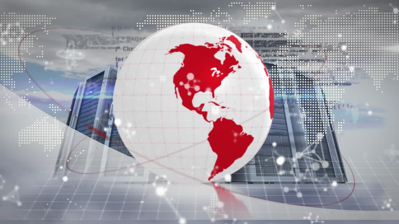 회전하는 지구 위에 떠다니는 분자 구조와 하늘의 구름에 대한 컴퓨터 서버