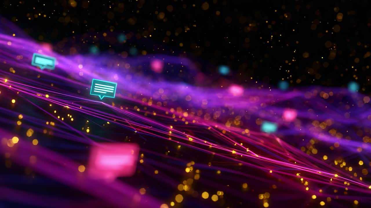 A captivating digital landscape featuring glowing communication icons amidst swirling lines of vibrant colors and dynamic particles, symbolizing the flow of information in a connected, technological world