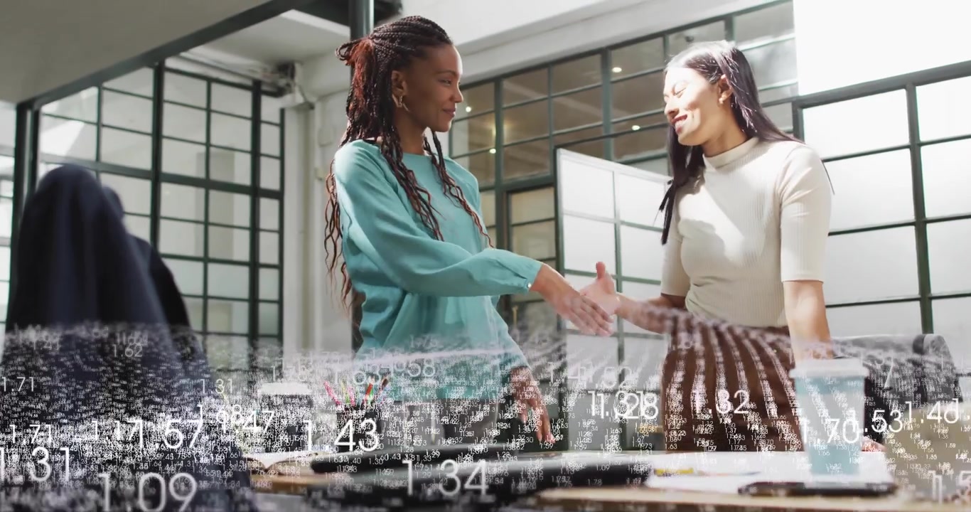 Women arriving in office placing drafts and animating charts, shaking hands sealing collaboration