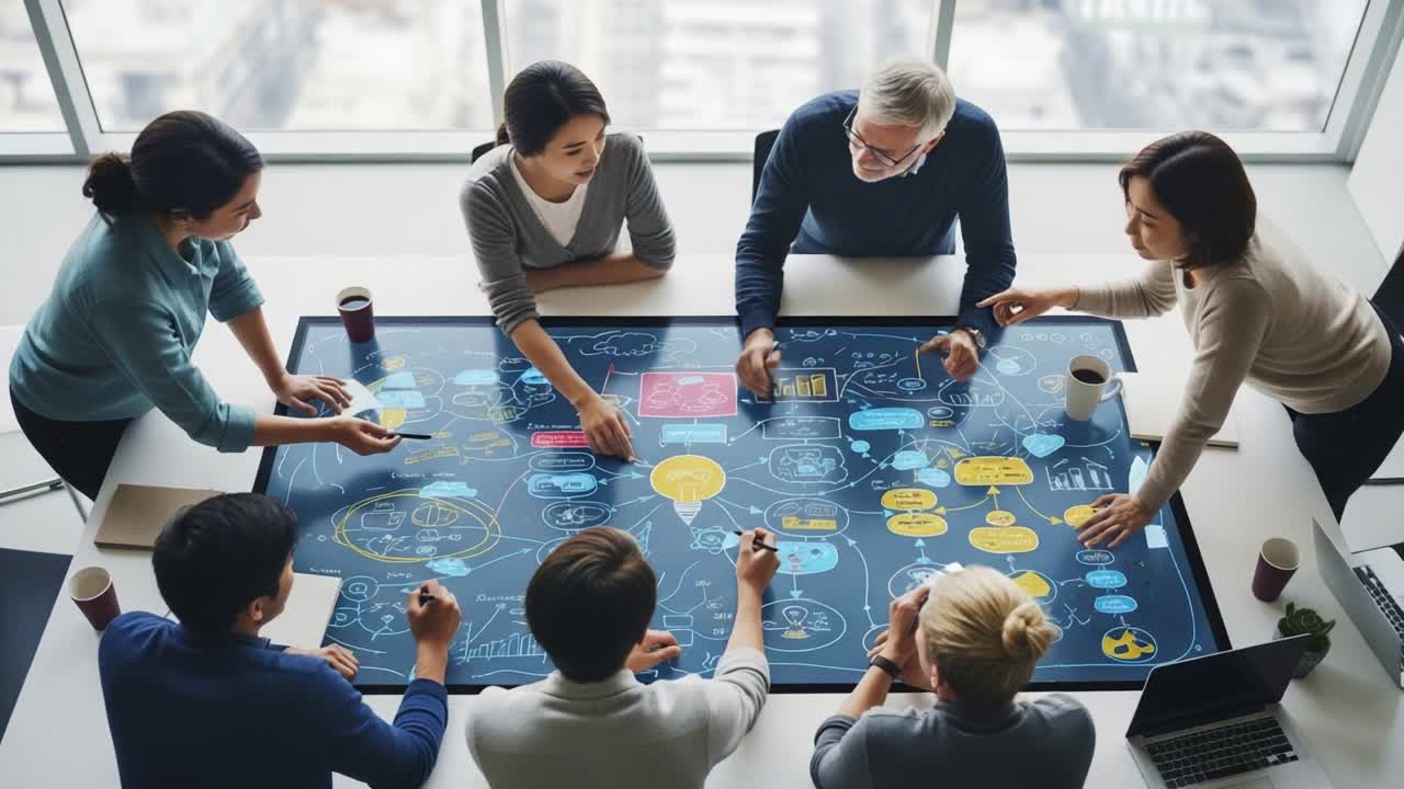 Collaboration in Action: A Diverse Group of Professionals Engaging in an Interactive Brainstorming Session Around a Digital Table, Sharing Ideas and Insights with Visual Representations
