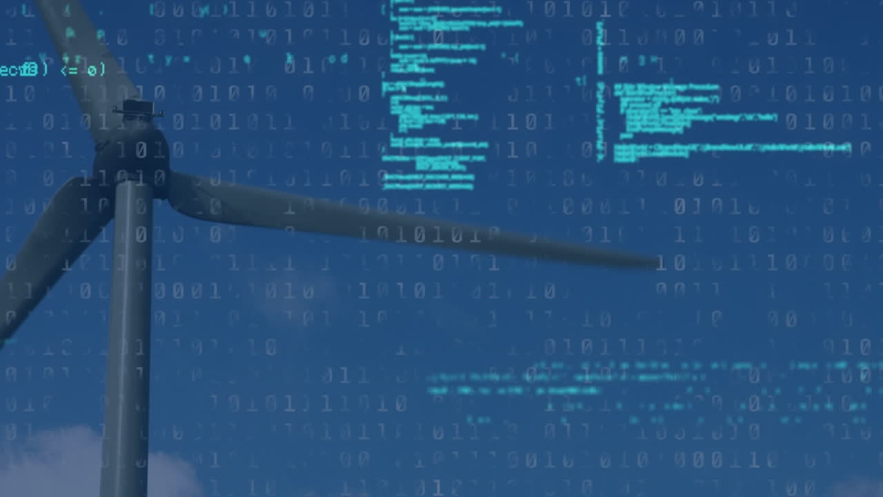 animazione del linguaggio informatico su codici binari e mulino a vento rotante contro il cielo