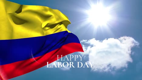 Animación-Del-Texto-Del-Feliz-Día-Del-Trabajo-Sobre-La-Bandera-Colombiana-Y-El-Cielo-Azul