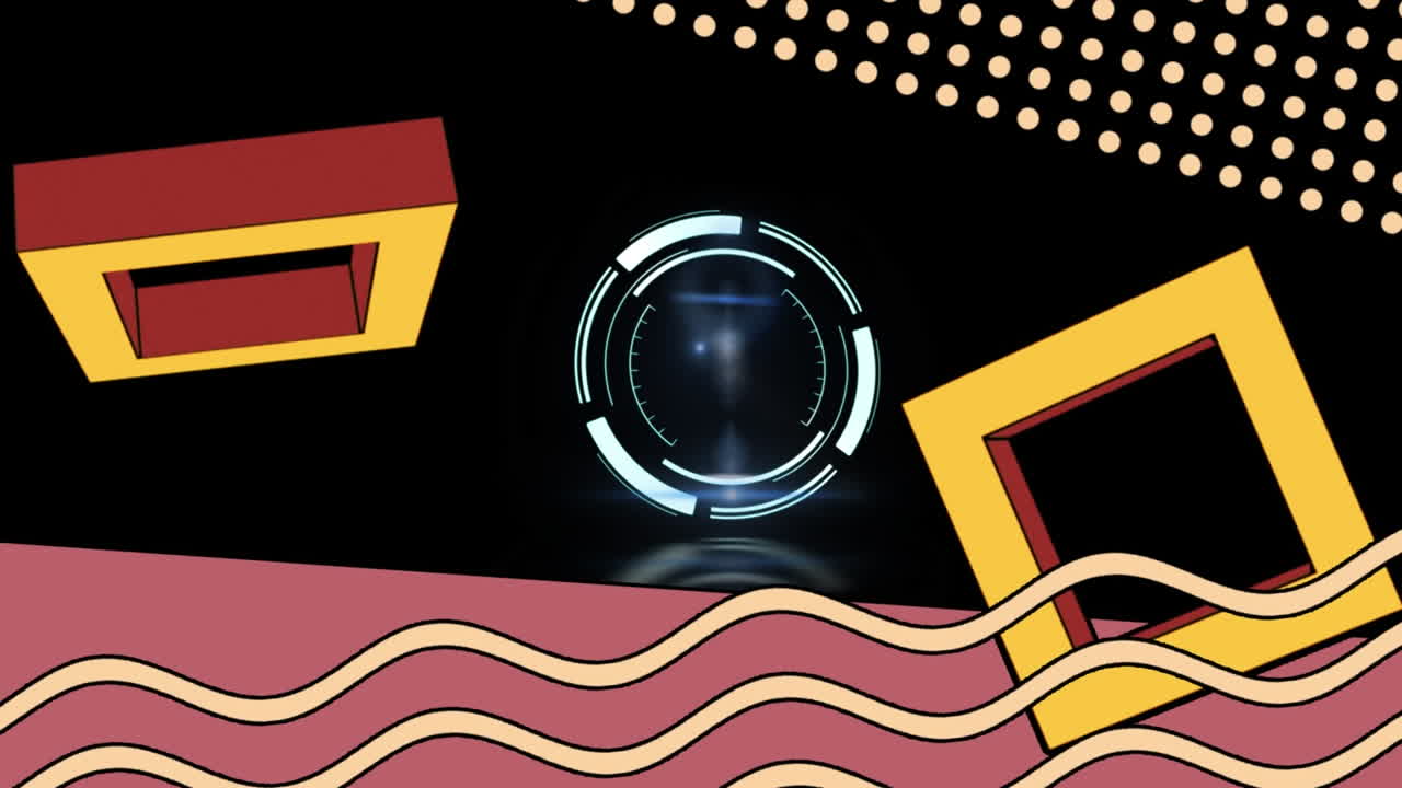 검은 바탕에 움직이는 색상의 모양으로 회전하는 안전 잠금의 애니메이션