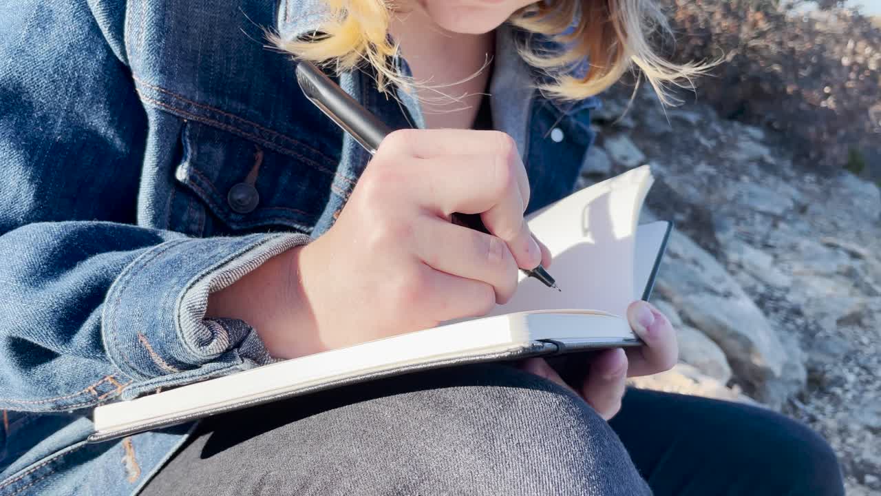 close up of person writing in journal outside in nature