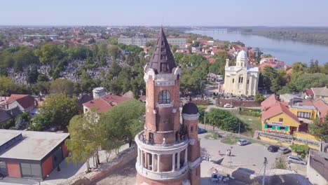 Gardos-Tower-in-Zemun-Old-city,-still-video-4k-aerial