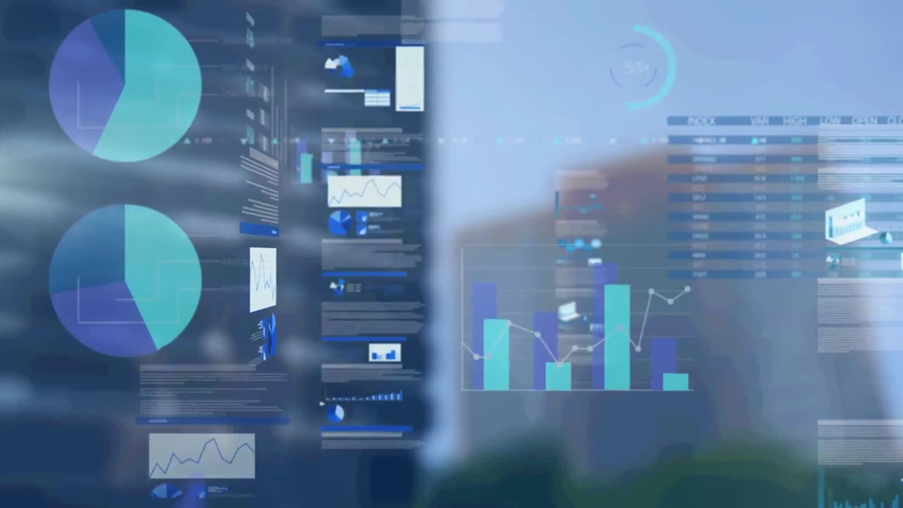 animación de gráficos y datos diversos sobre el distrito financiero de la ciudad borrosa